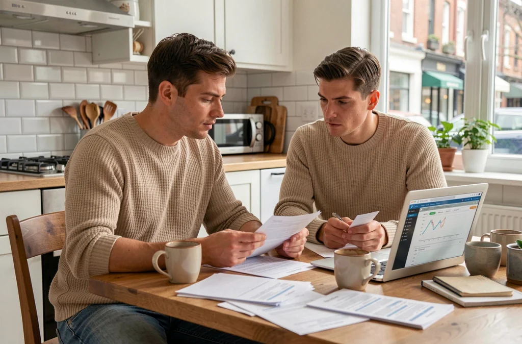 Un couple étudie les nouvelles conditions de crédit immobilier sur ordinateur et documents imprimés dans leur cuisine
