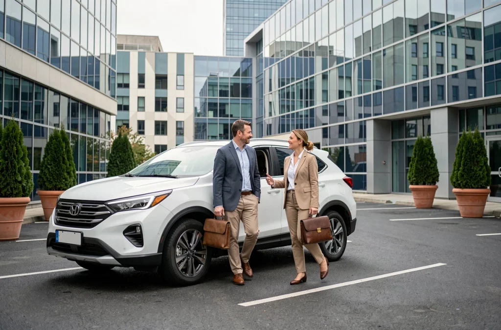 Deux collègues de travail sortant d'un SUV hybride blanc dans un parking d'entreprise moderne