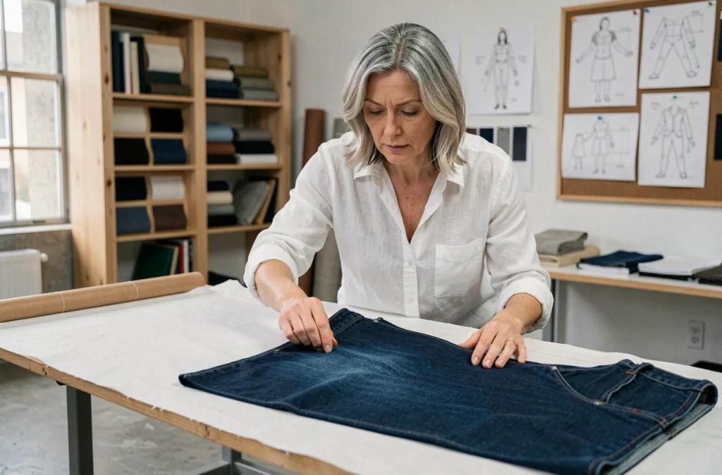 Créatrice de mode inspectant un panneau de denim brut indigo sur une table de coupe dans un studio contemporain, symbolisant le renouveau du denim non traité en prêt-à-porter