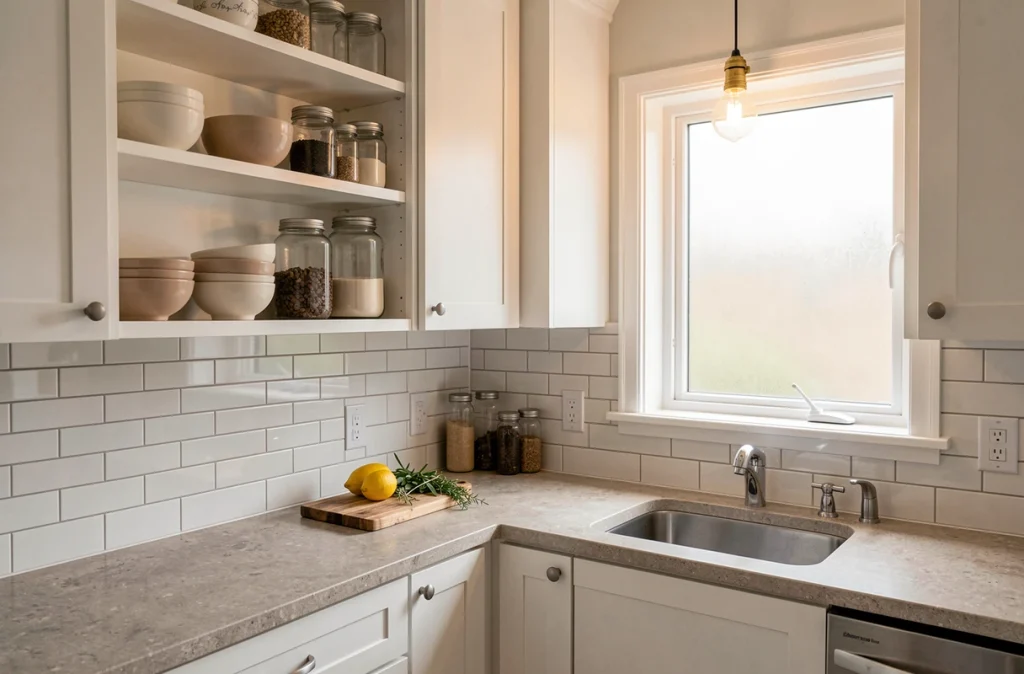 Cuisine d'appartement rénovée et stylisée pour le home staging avec étagères ouvertes, plan de travail en pierre et décoration épurée pour la vente