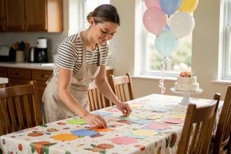Mère qui décore la table d'anniversaire de son enfant avec des guirlandes colorées et des ballons dans une salle à manger chaleureuse