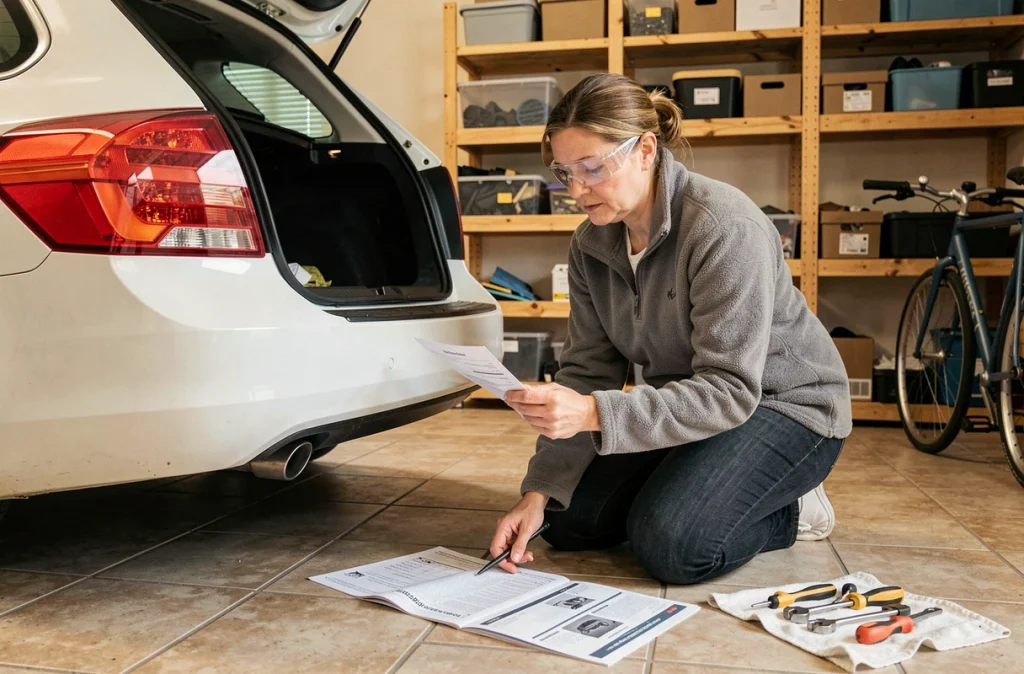 Femme consultant les documents administratifs et le manuel d'installation avant de poser un attelage sur sa voiture