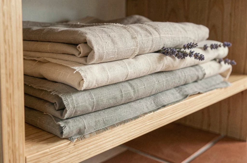 Gros plan sur des taies d'oreiller en lin non teint et drap en coton percale pliés sur une étagère en pin