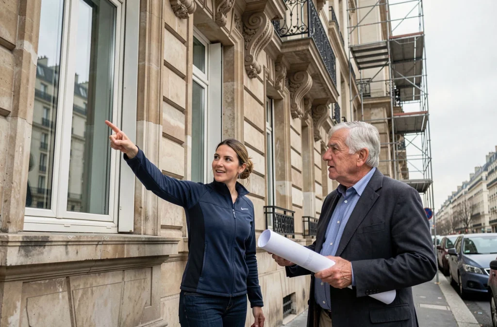 Architecte et propriétaire examinant les nouvelles fenêtres double vitrage sur un immeuble haussmannien rénové
