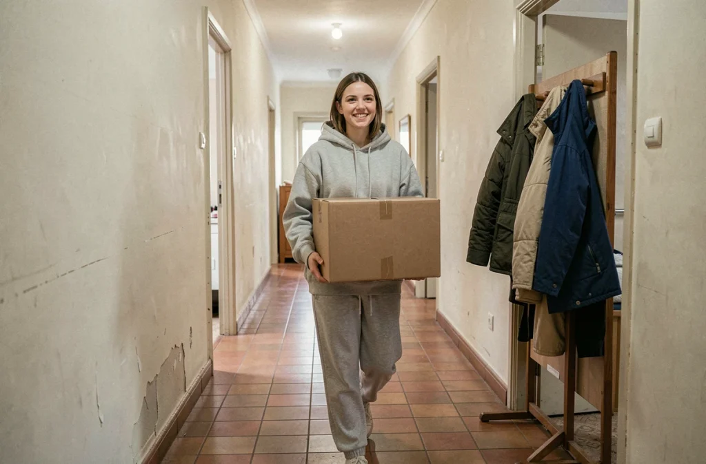Jeune femme emménageant dans un appartement en colocation avec des cartons dans un couloir