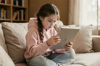 Jeune fille regardant une tablette de près sur un canapé, illustrant les effets des écrans sur la santé visuelle des enfants