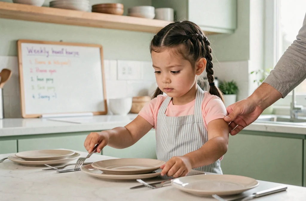 Jeune fille participant aux tâches ménagères en mettant la table, activité adaptée à son âge dans le cadre d'une charte familiale