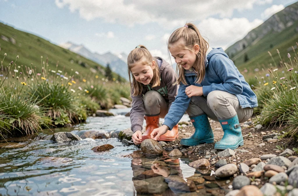 Deux fillettes explorant un ruisseau de montagne lors d'une randonnée nature adaptée aux enfants