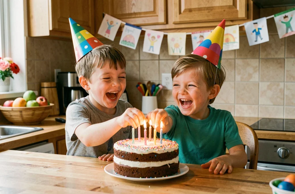 Deux enfants joyeux avec des chapeaux d'anniversaire tendant les mains vers un gâteau d'anniversaire fait maison dans une cuisine familiale