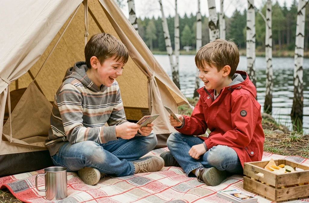 Deux enfants jouant aux cartes sur une couverture devant une tente au bord d'un lac lors d'un camping familial