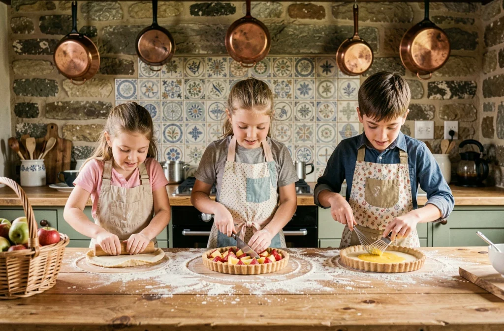 Trois enfants préparant une tarte du dimanche ensemble dans une cuisine rustique avec des ingrédients frais