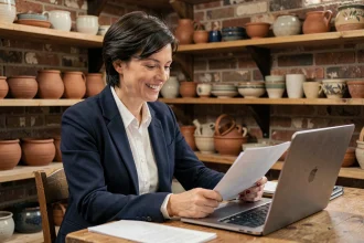 Entrepreneuse française examinant un dossier de microcrédit dans son atelier de céramique artisanale