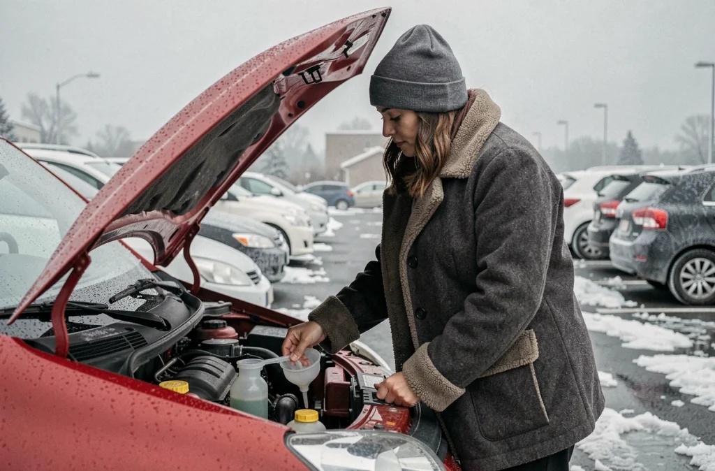 Femme faisant le plein de liquide lave-glace sur sa voiture en hiver dans un parking givré