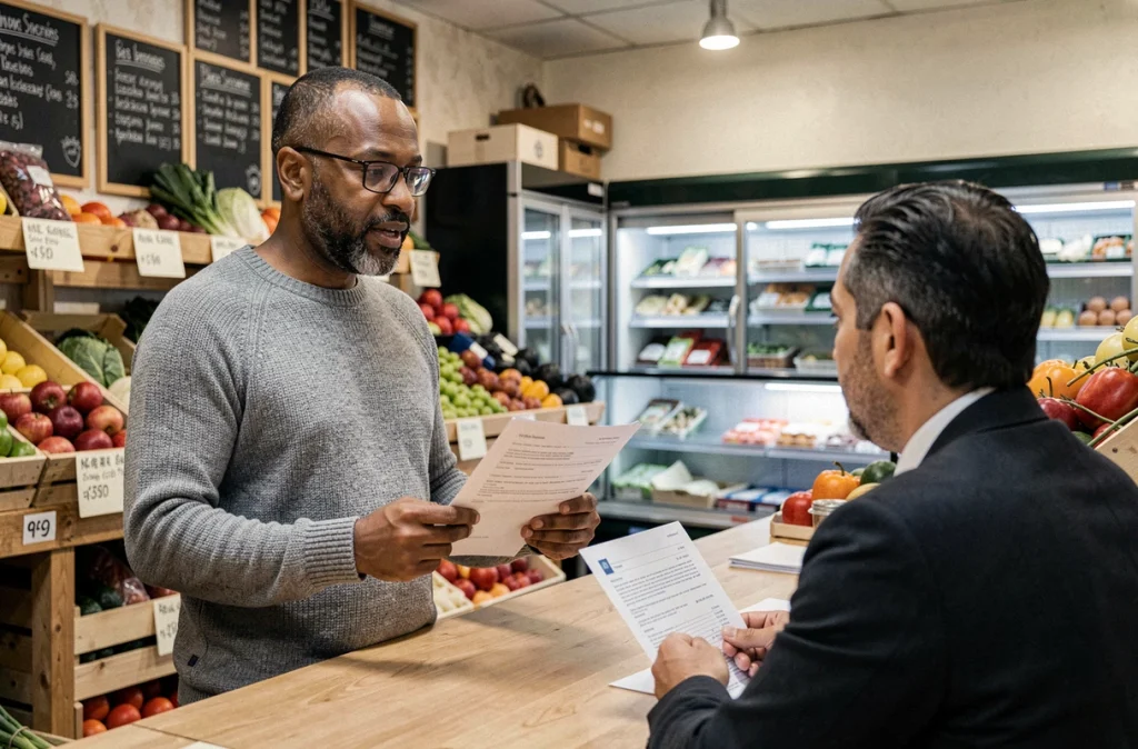 Propriétaire d'épicerie discutant d'un microcrédit avec un conseiller financier dans sa boutique parisienne