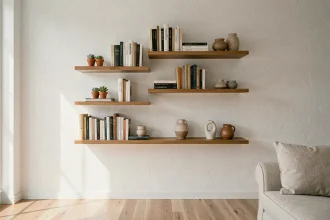 Étagères murales en bois flottantes dans un salon minimaliste pour optimiser l'espace vertical