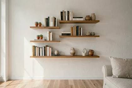 Étagères murales en bois flottantes dans un salon minimaliste pour optimiser l'espace vertical