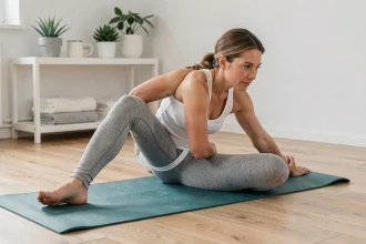 Femme pratiquant un étirement de yoga chat-vache sur un tapis de sport pour prévenir les douleurs lombaires
