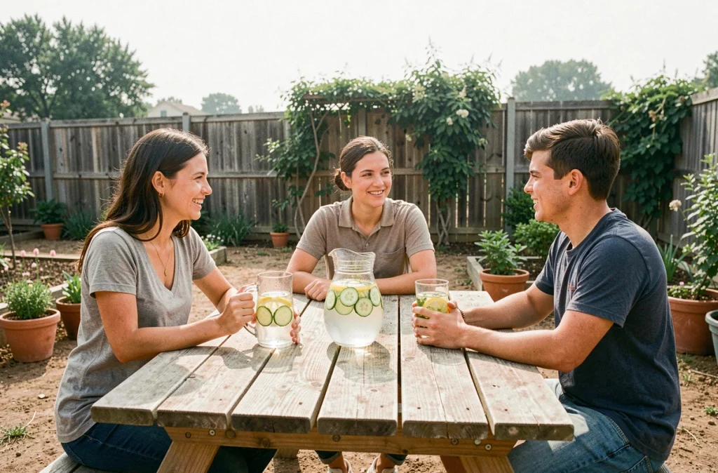Famille se hydratant avec de l'eau infusée autour d'une table de jardin pendant une journée de forte chaleur