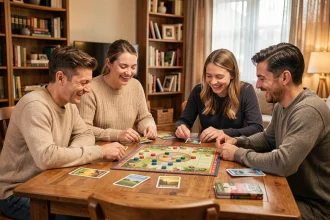 Famille multigénérationnelle jouant à un jeu de société moderne autour d'une table en bois dans un salon chaleureux