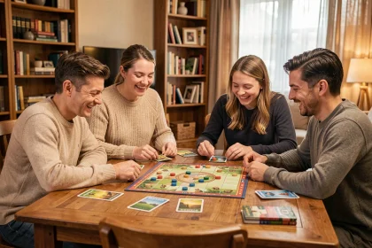 Famille multigénérationnelle jouant à un jeu de société moderne autour d'une table en bois dans un salon chaleureux
