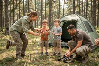 Famille montant une tente dans un camping en forêt avec deux enfants lors d'un week-end en plein air
