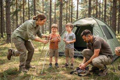 Famille montant une tente dans un camping en forêt avec deux enfants lors d'un week-end en plein air