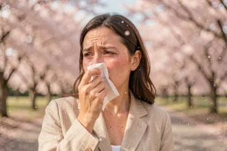 Femme souffrant d'allergies printanières dans un parc en fleurs, yeux rouges et mouchoir à la main