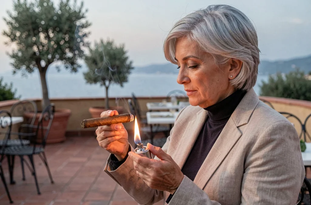 Femme experte faisant tourner un cigare au-dessus d'un briquet torche sur une terrasse méditerranéenne
