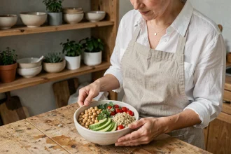 Femme préparant un Buddha bowl végétarien coloré dans une cuisine moderne parisienne