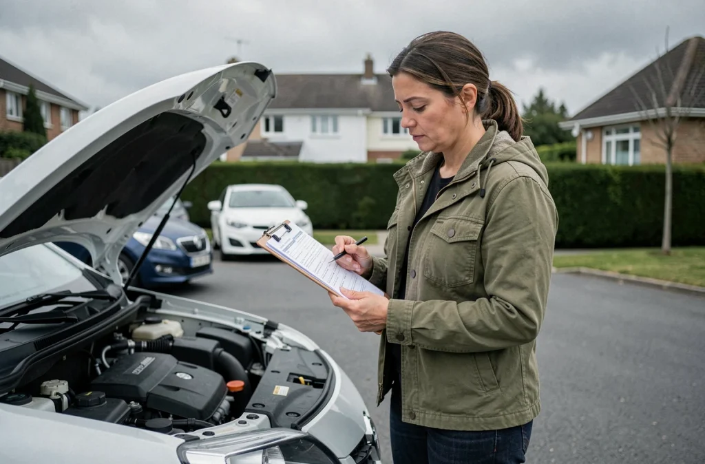Femme vérifiant une liste de contrôle technique automobile avec un clipboard devant sa voiture capot ouvert dans une allée résidentielle