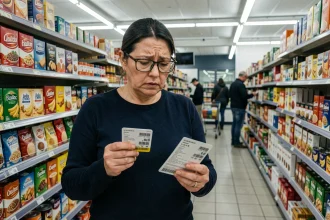 Une femme compare les prix de produits dans un supermarché, illustrant l'impact de l'inflation sur le pouvoir d'achat des ménages