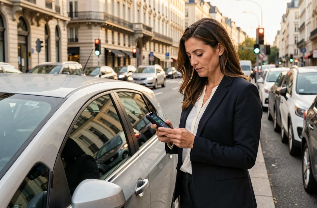 Femme consultant les données de consommation de carburant de son véhicule start-stop en milieu urbain