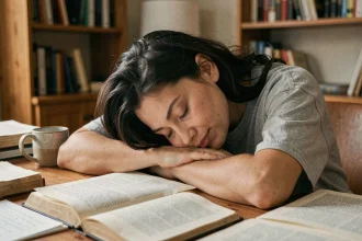 Femme endormie sur ses livres à son bureau, illustrant la fatigue cognitive liée au manque de sommeil
