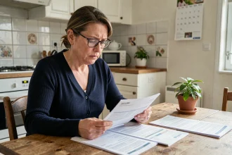 Femme française en train d'examiner ses relevés bancaires et son épargne à la table de sa cuisine, illustrant la prudence financière des ménages face à l'incertitude économique