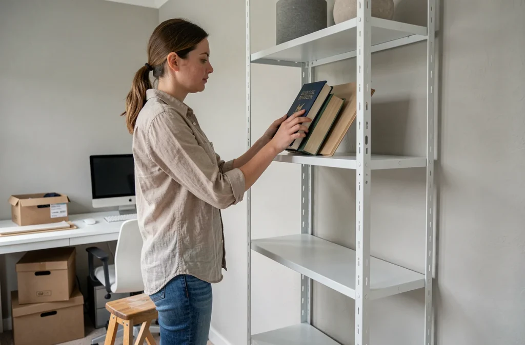 Femme installant des livres sur une étagère murale métallique dans un bureau à domicile organisé