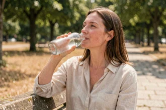 Femme se hydratant avec une bouteille d'eau dans un parc en pleine chaleur estivale