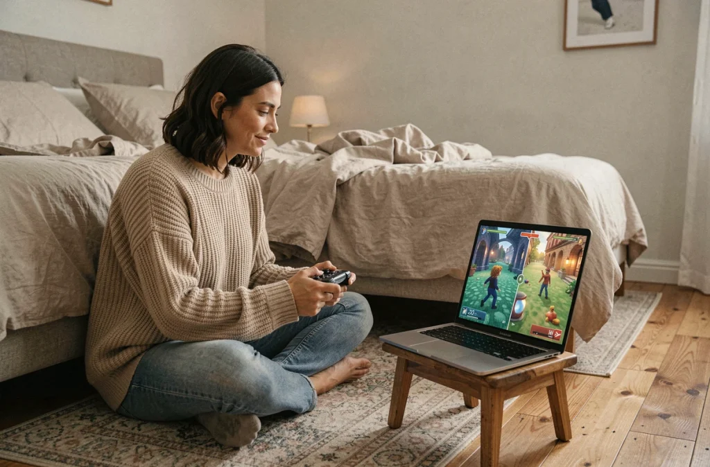 Femme adulte jouant seule à Split Fiction sur un laptop depuis le sol de sa chambre, en mode coopération écran partagé