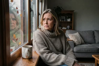 Femme mélancolique assise près d'une fenêtre sous la pluie en automne, signe de dépression saisonnière