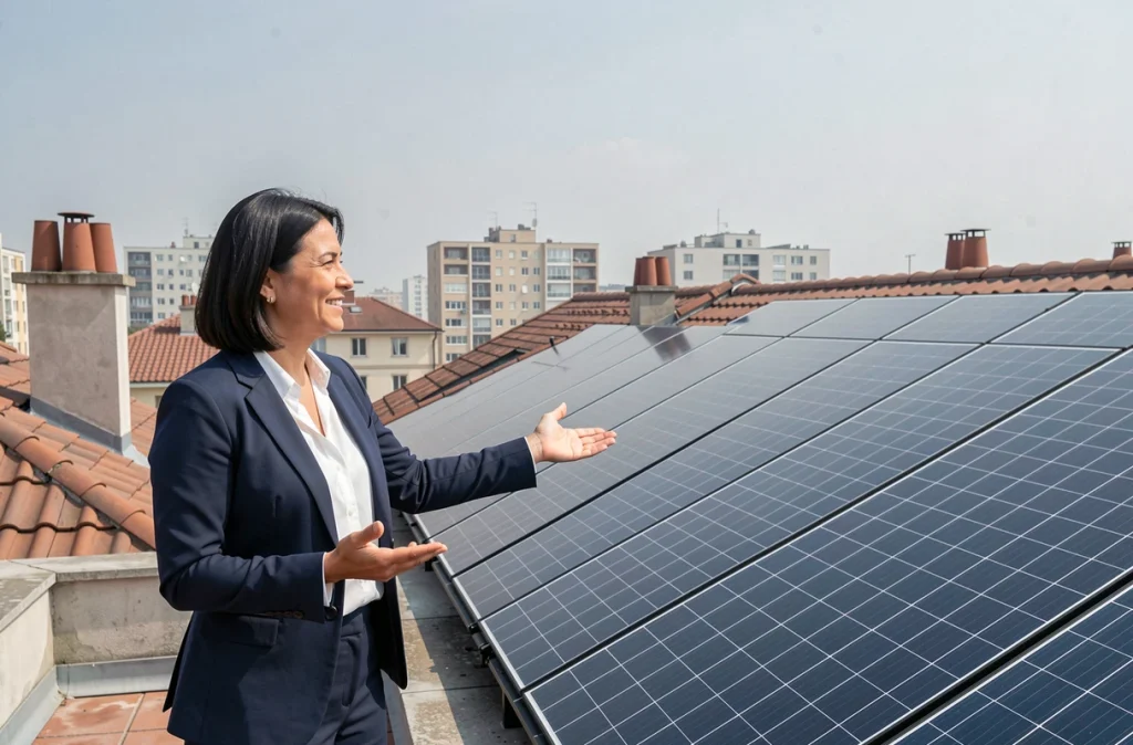 Une femme en blazer marine se tient sur une terrasse urbaine et désigne des panneaux solaires installés sur les toits environnants, illustrant l'investissement particulier dans les énergies renouvelables