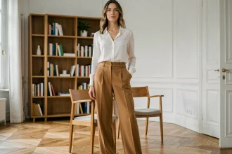 Femme élégante portant un pantalon large camel dans un appartement parisien moderne au parquet en chevrons