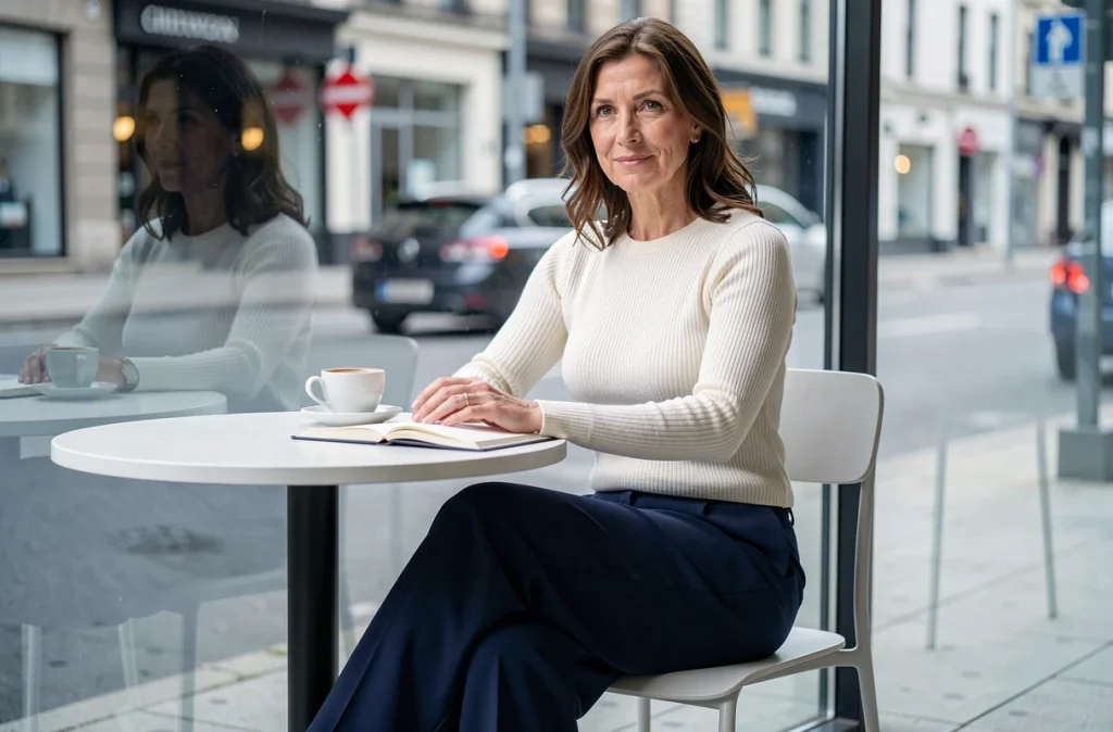 Femme assise dans un café minimaliste portant un pantalon large marine en crêpe avec un pull côtelé blanc