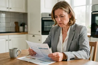 Femme consultant ses relevés bancaires à la table de cuisine, préoccupée par la hausse des frais bancaires