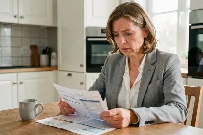 Femme consultant ses relevés bancaires à la table de cuisine, préoccupée par la hausse des frais bancaires