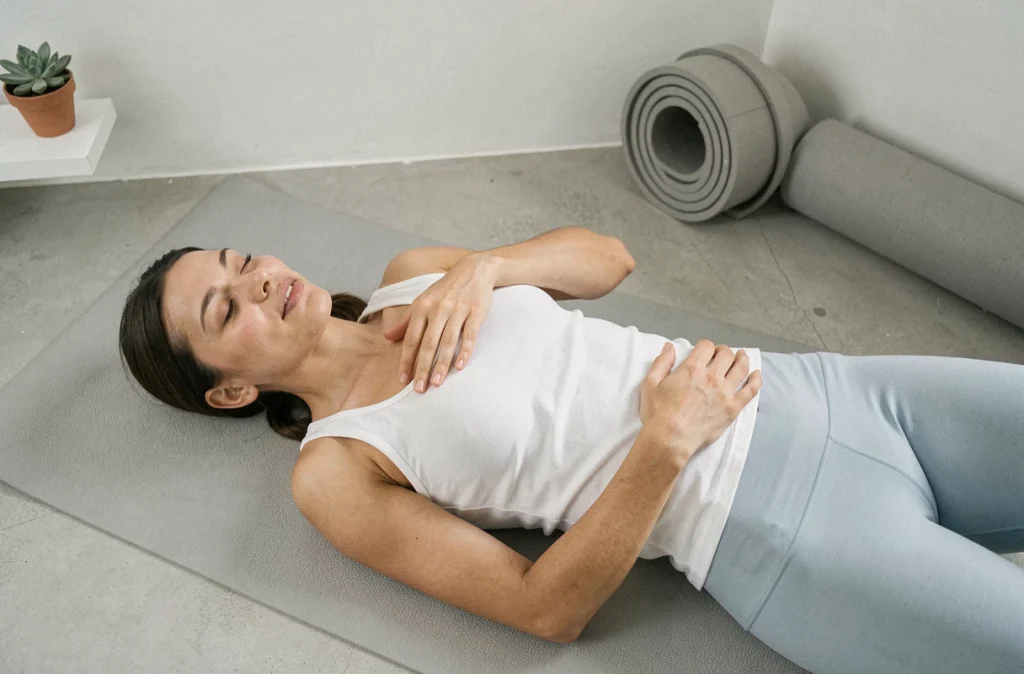 Femme allongée sur un tapis de yoga gris pratiquant la respiration abdominale dans un studio de bien-être épuré