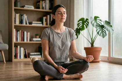Femme pratiquant la respiration profonde en position assise sur un parquet en bois dans un salon minimaliste et serein