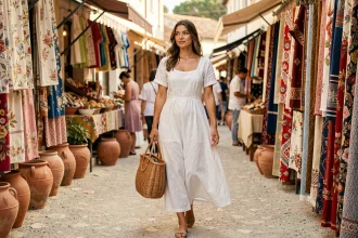 Femme portant un sac cabas en osier tressé dans un marché provençal en été