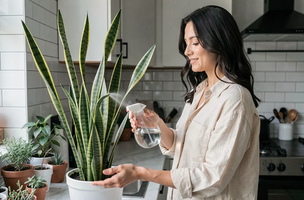 Femme qui arrose un sansevieria dans une cuisine moderne avec des plantes purificatrices d'air, ambiance appartement urbain
