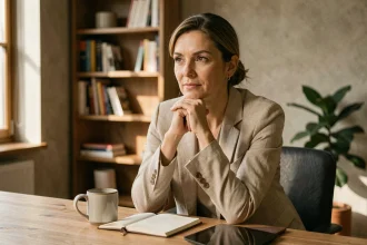 Femme cadre sereine assise à son bureau en bois avec un carnet ouvert, illustrant la paix au travail
