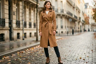 Femme portant un trench long camel ceinturé dans une rue pavée parisienne en automne