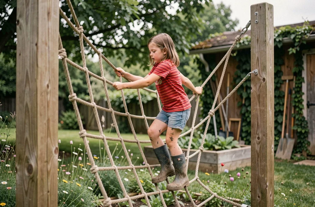 Fillette grimpant sur un filet de corde dans un jardin familial aménagé en terrain de jeux naturel